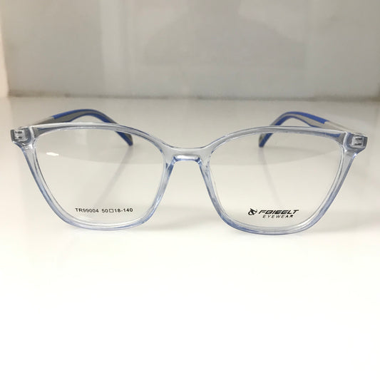 Cat eye shaped frame with transparent front and temple color